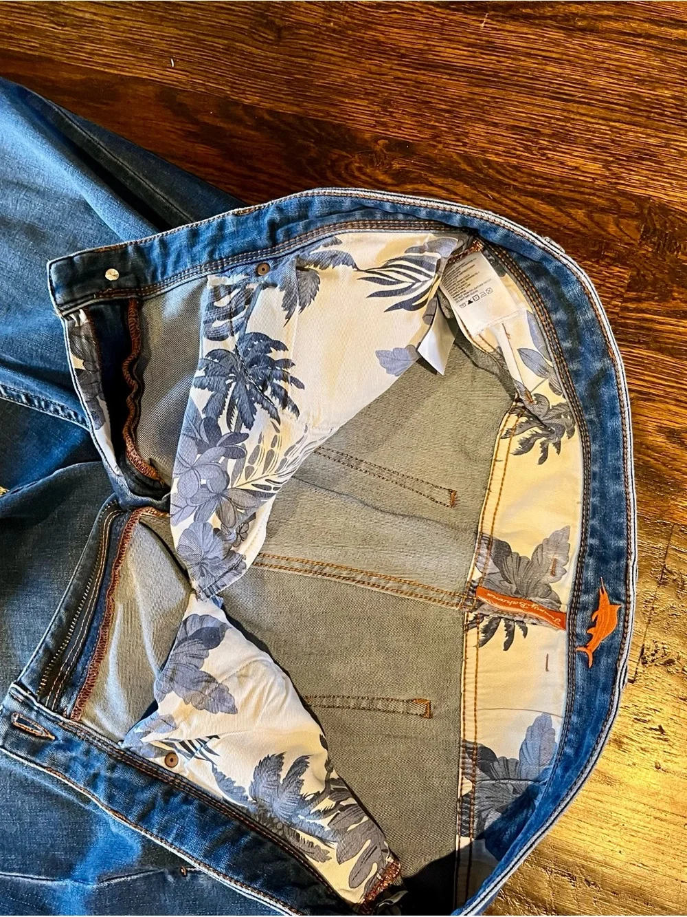 Slim Straight Men's Jeans in Medium Blue Denim. Tommy Bahama Indigo Palms